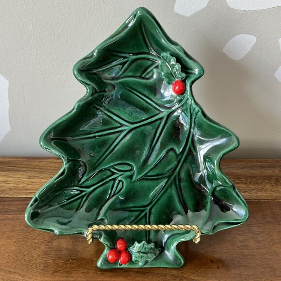 Lefton Other - Vintage Lefton Christmas Tree Shaped Plate w/ Holly Berry Candy Nut Dish 2691
